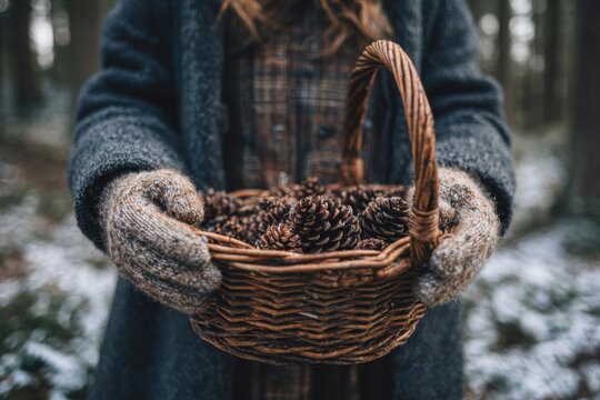 Woman gathering pinecones into a woven basket during a quiet walk through the woodland