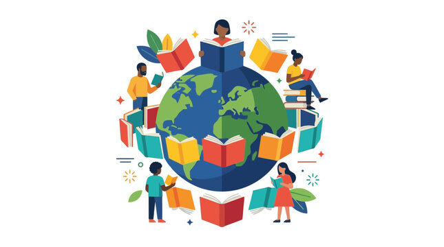 Diverse people reading books around the globe, symbolizing education and global knowledge sharing