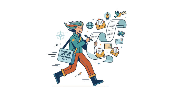 World Letter Writing Day: Person Running with Scroll of Letters and Mail