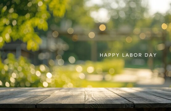 Wooden table happy labor day background.