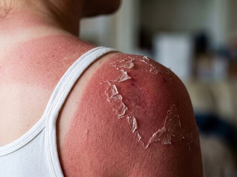 Sunburned skin peeling on woman shoulder, severe UV ray damage and skin care medical concept