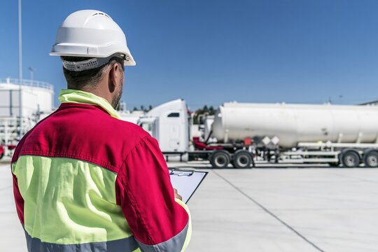 Worker in a red safety jacket and hard hat checking a clipboard, standing before a large chemical tanker truck in a bright industrial yard for logistics and safety inspection
