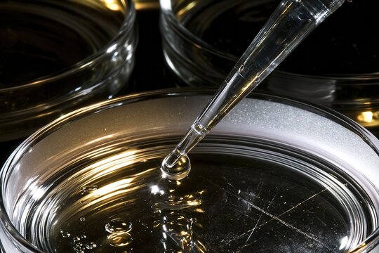 Pipette tip lowering a clear droplet into a shallow petri dish on a metallic laboratory bench for biotech research and diagnostics, with copy space