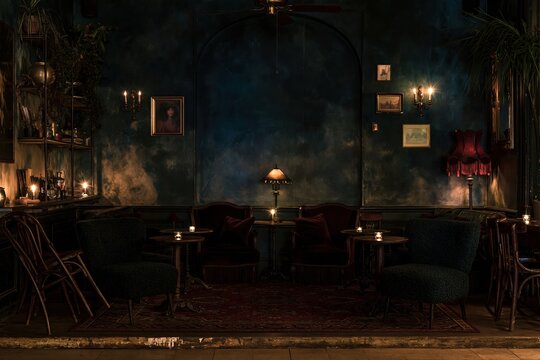 Cozy cafe interior with plush upholstered armchairs and small timber tables, featuring a moody atmosphere and copy space for hospitality branding