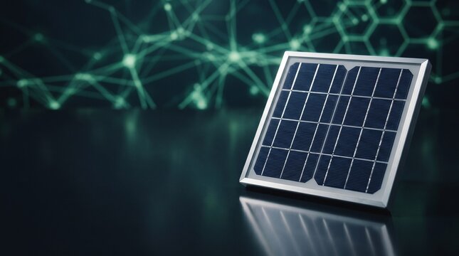 3D illustration of a miniature solar panel cell with digital abstract grid network background