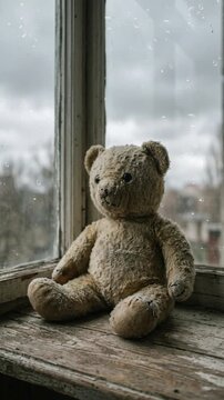 WORLD DAY OF WAR ORPHANS. Вattered vintage teddy bear sits on the windowsill. Raindrops slowly trickle down the glass, like a child's tears