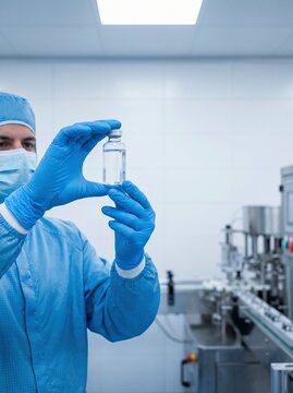 Scientist examining vial in sterile cleanroom, pharmaceutical quality control concept
