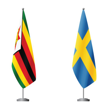 Zimbabwe and Sweden flags on flagpoles for official ceremonies and meetings, transparent background vector