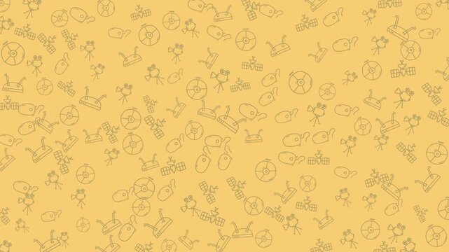 A seamless pattern video featuring various retro technology doodles like computers, routers, satellites, and cameras on a simple yellow background. Ideal for digital and technology-themed content.