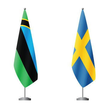 Zanzibar and Sweden flags on flagpoles for official ceremonies and meetings, transparent background vector