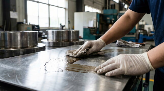 Industrial maintenance hands in gloves cleaning metal surface with rag, removing oil inside manufacturing workshop, factory cleanliness and machine upkeep concept.