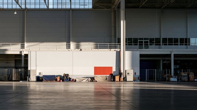 Empty modern industrial warehouse with a polished concrete floor and mezzanine level, featuring harsh directional light for architecture and logistics backgrounds