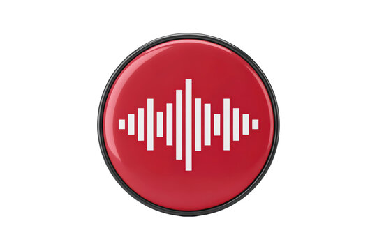 Red circular button with a white vertical sound wave frequency symbol in the center, 3 d rendered glossy isolated on a transparent background