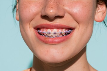Fototapeta premium Smiling mouth of a young person with orthodontic braces and lavender ties, featuring a clean enamel surface and soft lighting for dental care and clinic campaigns