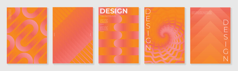 Fototapeta na wymiar Retro mid century modern abstract posters set. Vector geometric layouts with orange gradient, curved shapes, stripes and typography for branding and print design.