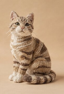 Realistic tabby cat sculpture made of coiled wool yarn, featuring soft tactile textures on a beige surface for home comfort and pet care advertising