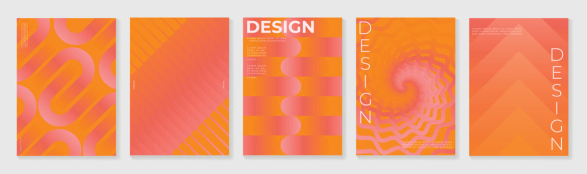 Retro mid century modern abstract posters set. Vector geometric layouts with orange gradient, curved shapes, stripes and typography for branding and print design.