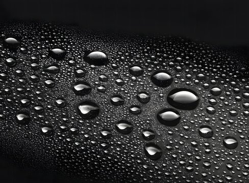 Water droplets on black surface.