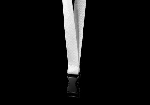Blank white fabric lanyard with a black plastic buckle isolated on transparent background