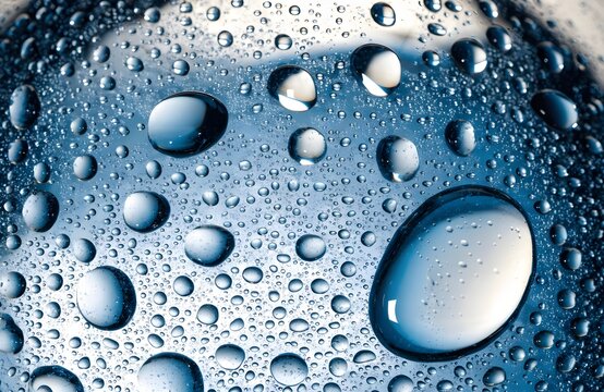 Water droplets on shiny blue background close up.