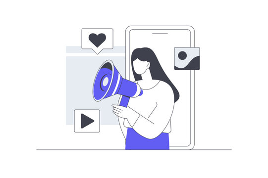 Promo Information Announcement and Social Media Megaphone Marketing. Female Specialist Holding Megaphone Speaker with Smartphone Like and Media Content. Flat Cartoon Vector Illustration, icon Stylish 