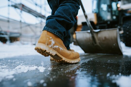 Booted leg of a worker pushing a snow shovel across a wet construction slab, gritty and cold for winter safety and industrial service campaigns with copy space