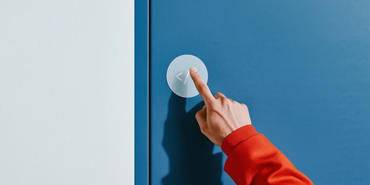 Person's finger touching a translucent coding icon panel, featuring a red suit sleeve against a navy blue office wall with copy space for software development