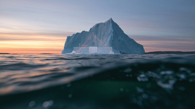 Massive iceberg with a complex data network structure submerged in deep teal ocean water, an atmospheric and cinematic scene for technology and nature concepts