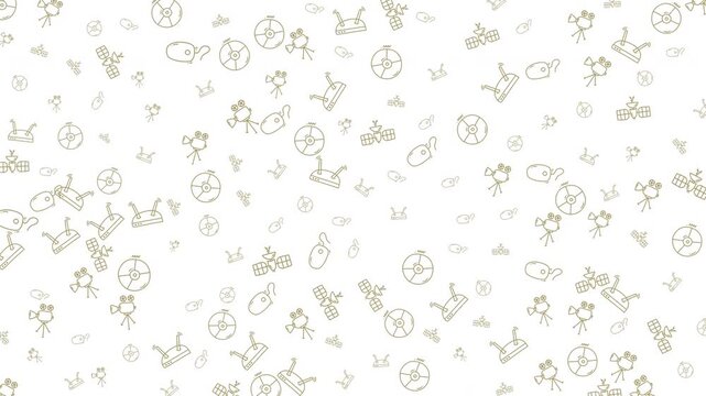 A playful and nostalgic pattern featuring a variety of retro technology and gadget icons scattered across a clean white background. Perfect for creative projects and design.