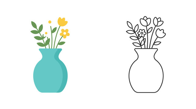 Floral arrangement in a vase a colorful and outline vector illustration