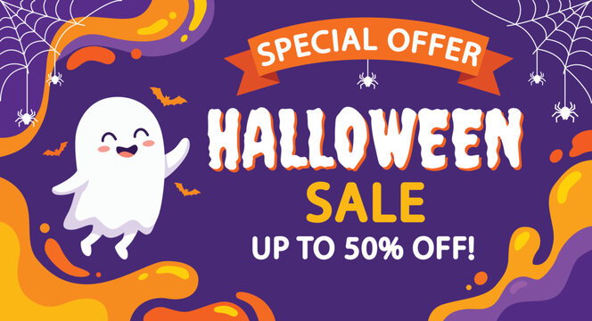 Halloween sale promotional poster with special offer banner, white ghost, pumpkin, black cauldron, spider webs and bats on purple background with orange liquid shapes Cartoon illustration