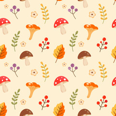 Obraz premium Autumn seamless pattern with mushrooms, berries, leaves and flowers on a cream background. Editable elements for textile, wallpaper, wrapping paper and seasonal decoration.