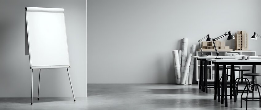 Blank white flipchart with metal stand in modern office workspace