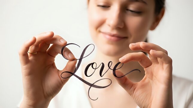 Young woman forming heart shape with fingers around handwritten Love