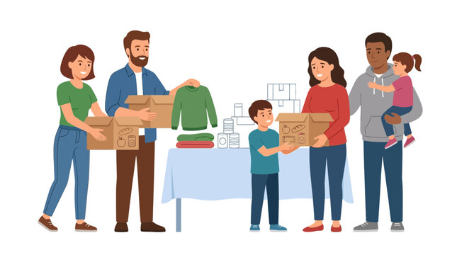 Diverse families donate clothes and goods to charity, helping community needs.