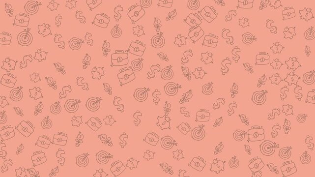A charming seamless pattern featuring hand-drawn business icons like targets, briefcases, and dollar signs on a soft coral background, perfect for finance and growth-related content.