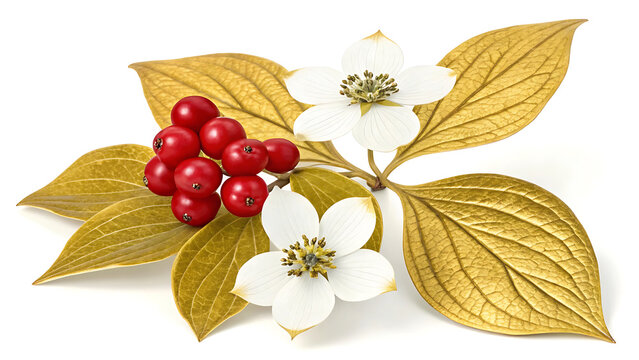 White dogwood flowers and red berries with golden leaves isolated