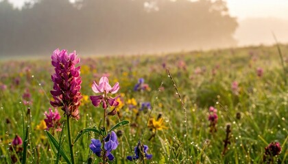 Obraz premium Wildflowers blooming in misty meadow at golden sunrise