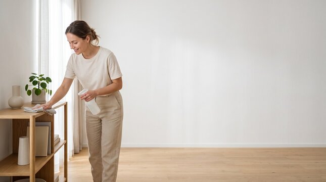 Minimalist commercial background of a smiling woman cleaning a wooden shelf with a cloth and spray bottle in a modern, bright living room. Soft natural lighting with a large empty copy space on the ri