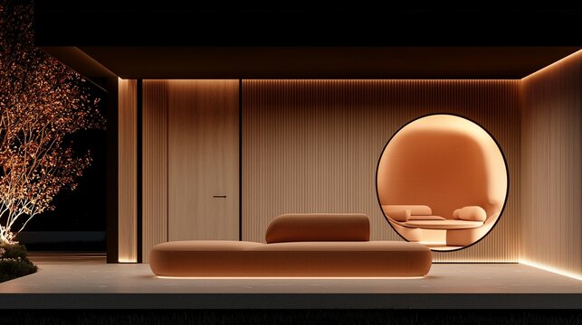 Modern minimalist patio with orange couch, wood wall, and circular window at night.