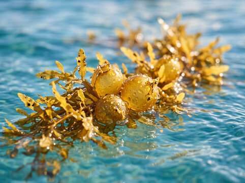 Floating Sargassum Algae with Spherical Air Vesicles on Ocean Surface