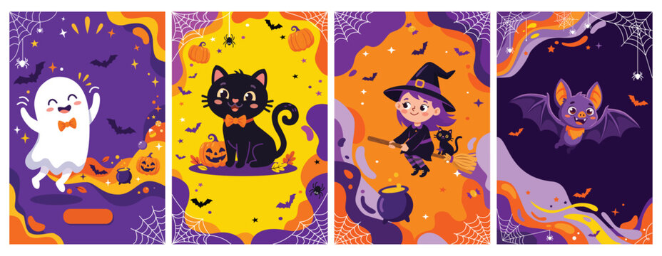 Halloween poster cards set ghost, black cat, witch on broomstick and bat with pumpkins, spider webs and liquid shapes on purple, yellow and orange backgrounds. Cartoon illustration