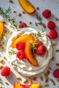 Pavlova meringue dessert topped with whipped cream, peach slices, raspberries, and pistachios