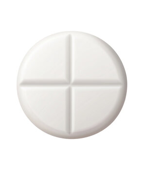 Single white round pharmaceutical pill featuring deep cross score lines for easy splitting isolated as a realistic 3d object on transparent background