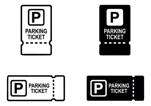 Outline and silhouette icon set of 4 parking ticket symbols featuring flat and filled style variations for transportation design