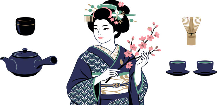 Beautiful Japanese geisha woman character with matcha tea ceremony and sakura blossom elements set
