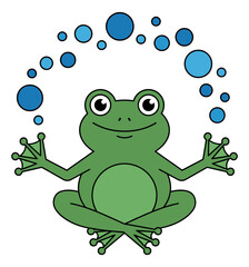 Fototapeta premium Cartoon illustration of a cute green frog depicting a zen meditation pose with floating bubbles for children and nature design