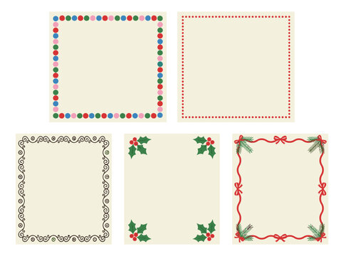 Flat frame set of 5 Christmas borders featuring decorative dots, holly leaves, pine branches and ribbon bows for holiday design