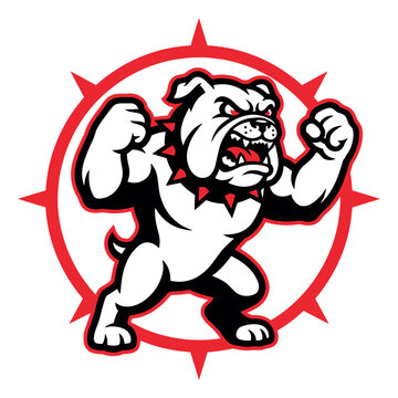 Cartoon illustration of an angry bulldog mascot depicting a fighting stance with raised fists for sports and team branding