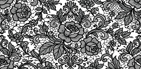 Elegant black lace floral vector pattern with roses and intricate damask details on white background © Manchura